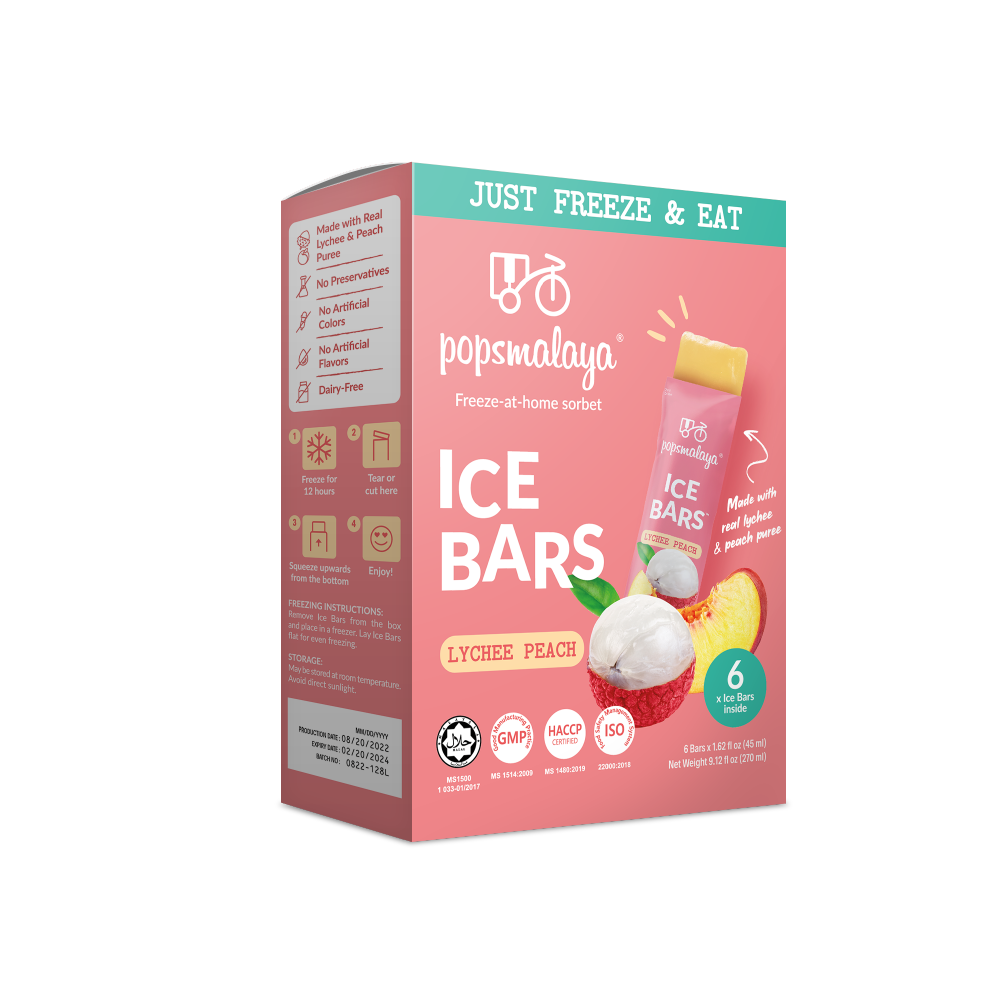 Ice Bars (Popsmalaya) - Lychee and Peach Sorbet [12 boxes of 6 Bars] (No Preservatives, made with Real Fruits)